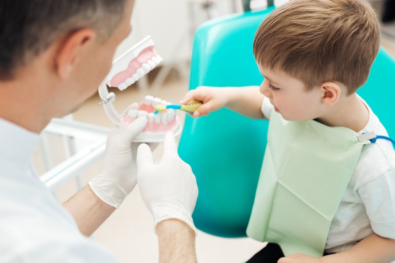 a little boy brushing the teeth of a mouth mold while a dentist instructs him on how to do it properly